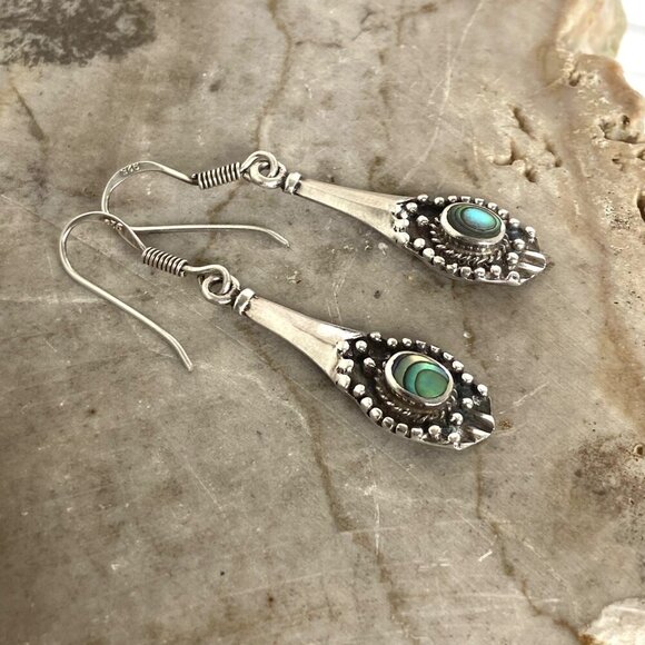 Sterling Silver 925 Dainty Abalone Elongated Dangle Drop Earrings - Picture 3 of 15